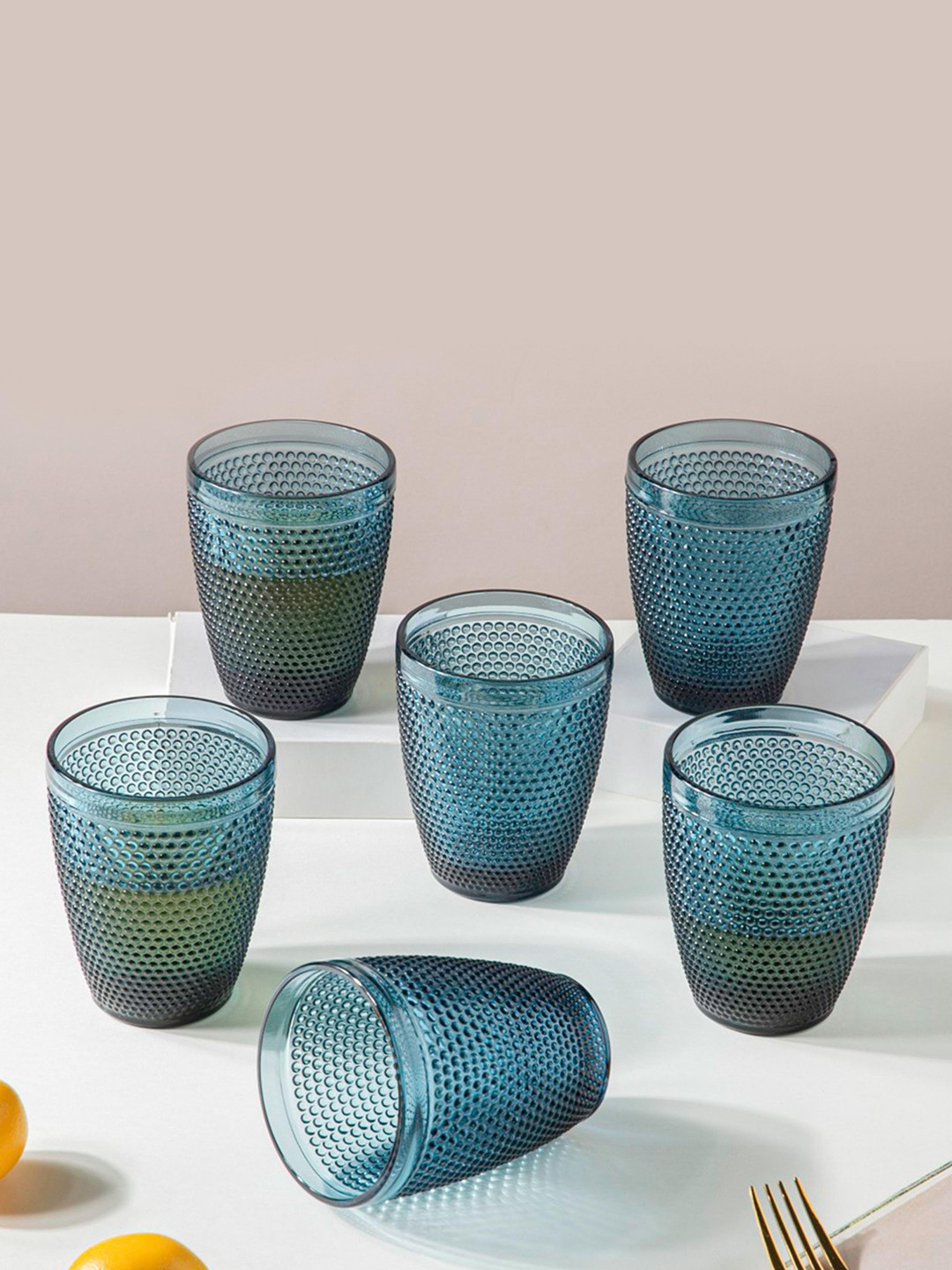 

Nestasia Set Of 6 Blue Textured Durable Crystal Tumbler Glasses 250ml Each