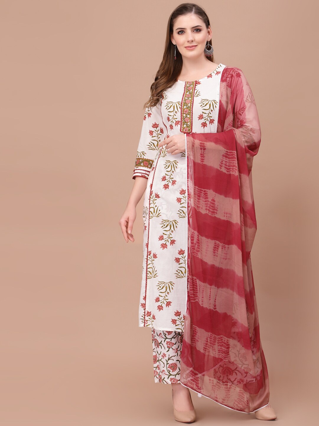 

PRAKRTEE Floral Printed Pure Cotton Kurta with Palazzos & With Dupatta, White