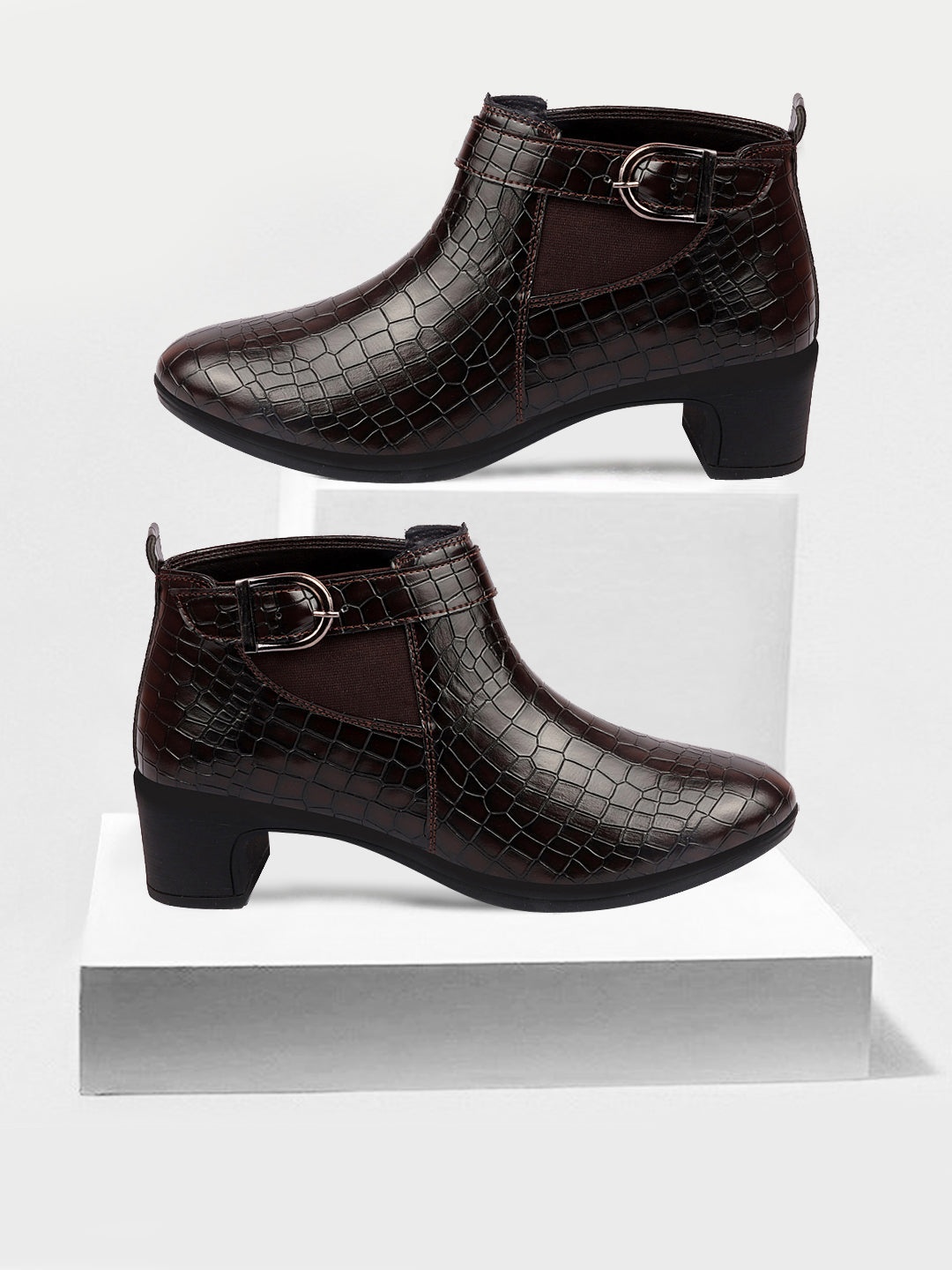 

FAUSTO Women Textured Heeled Chelsea Boots, Brown