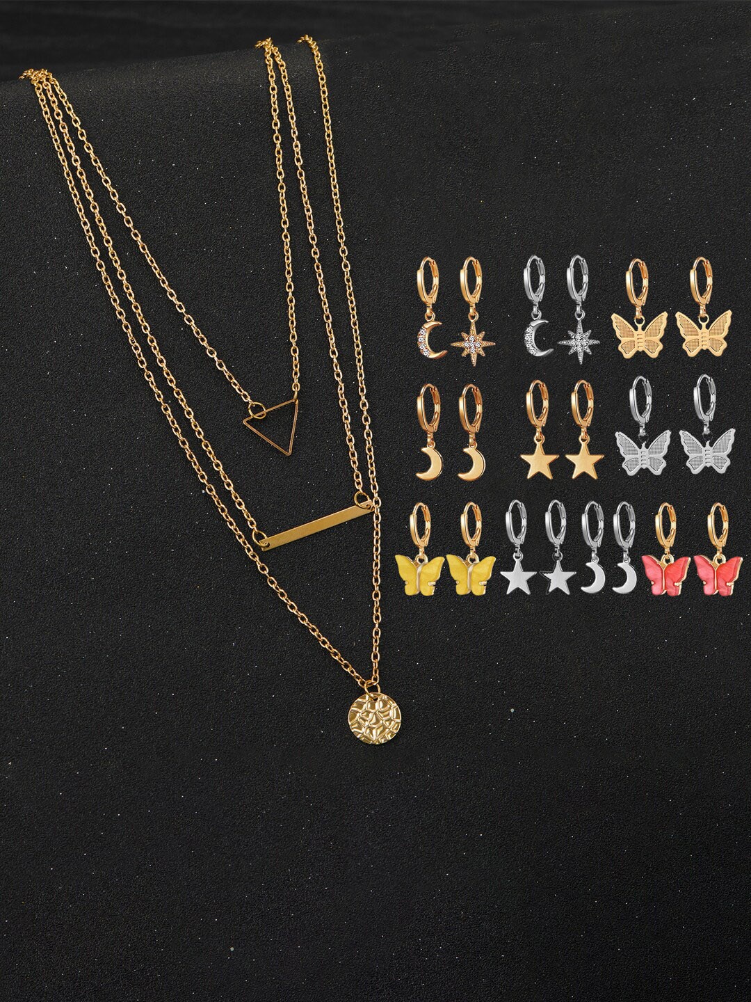 

Jewels Galaxy Gold Plated Layered Necklace and Set of 10 Earrings, Multi