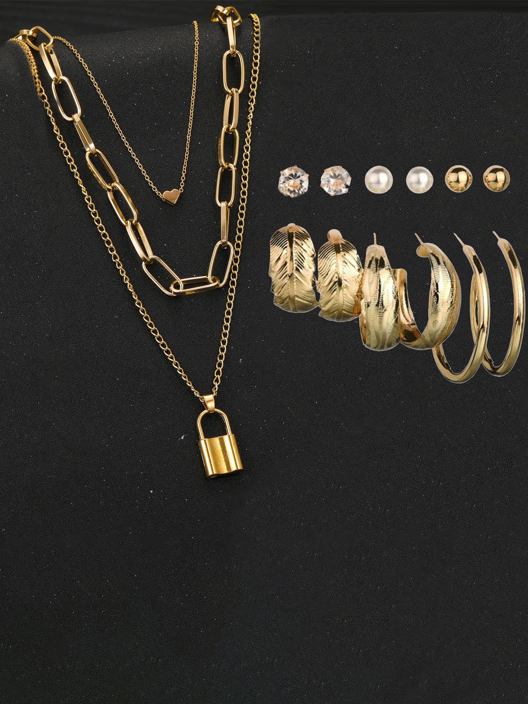 

Jewels Galaxy Gold Plated Layered Necklace and Set of 6 Earrings