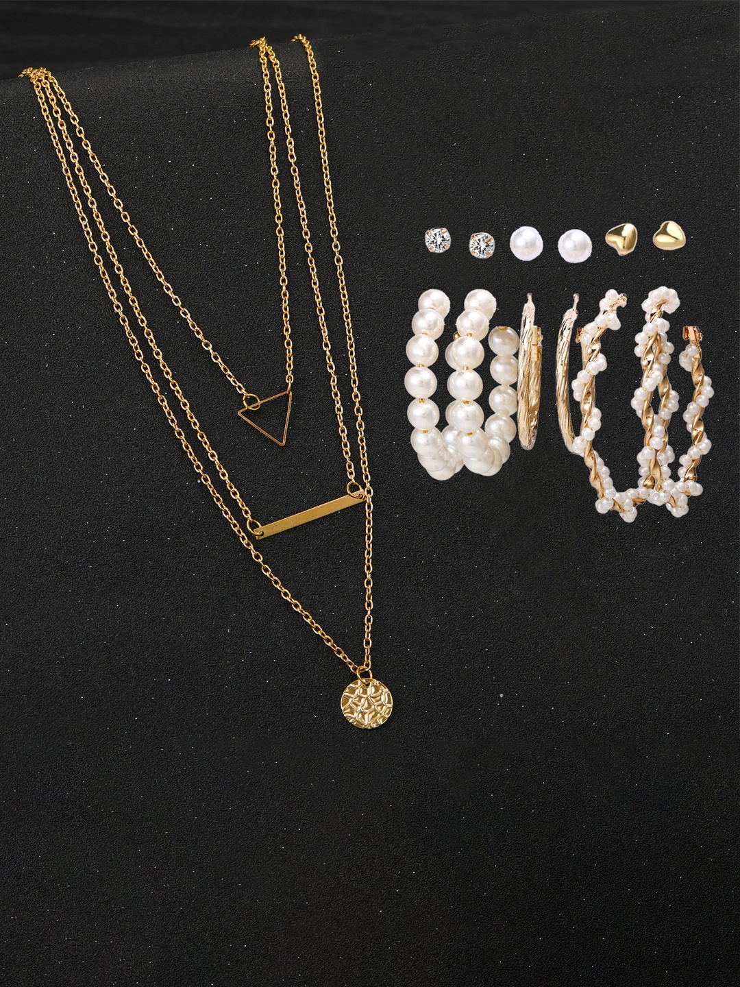

Jewels Galaxy Set Of 6 Ear Rings Gold-Plated & Layered Necklace Jewellery Set