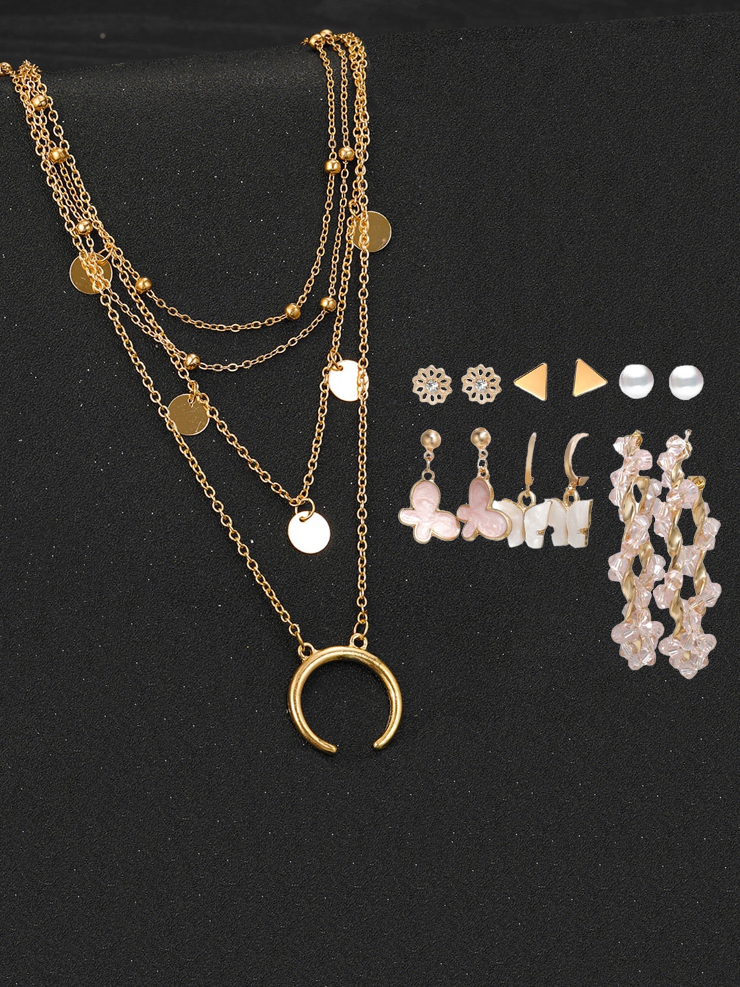 

Jewels Galaxy Gold Plated Layered Necklace and Set of 6 Earrings