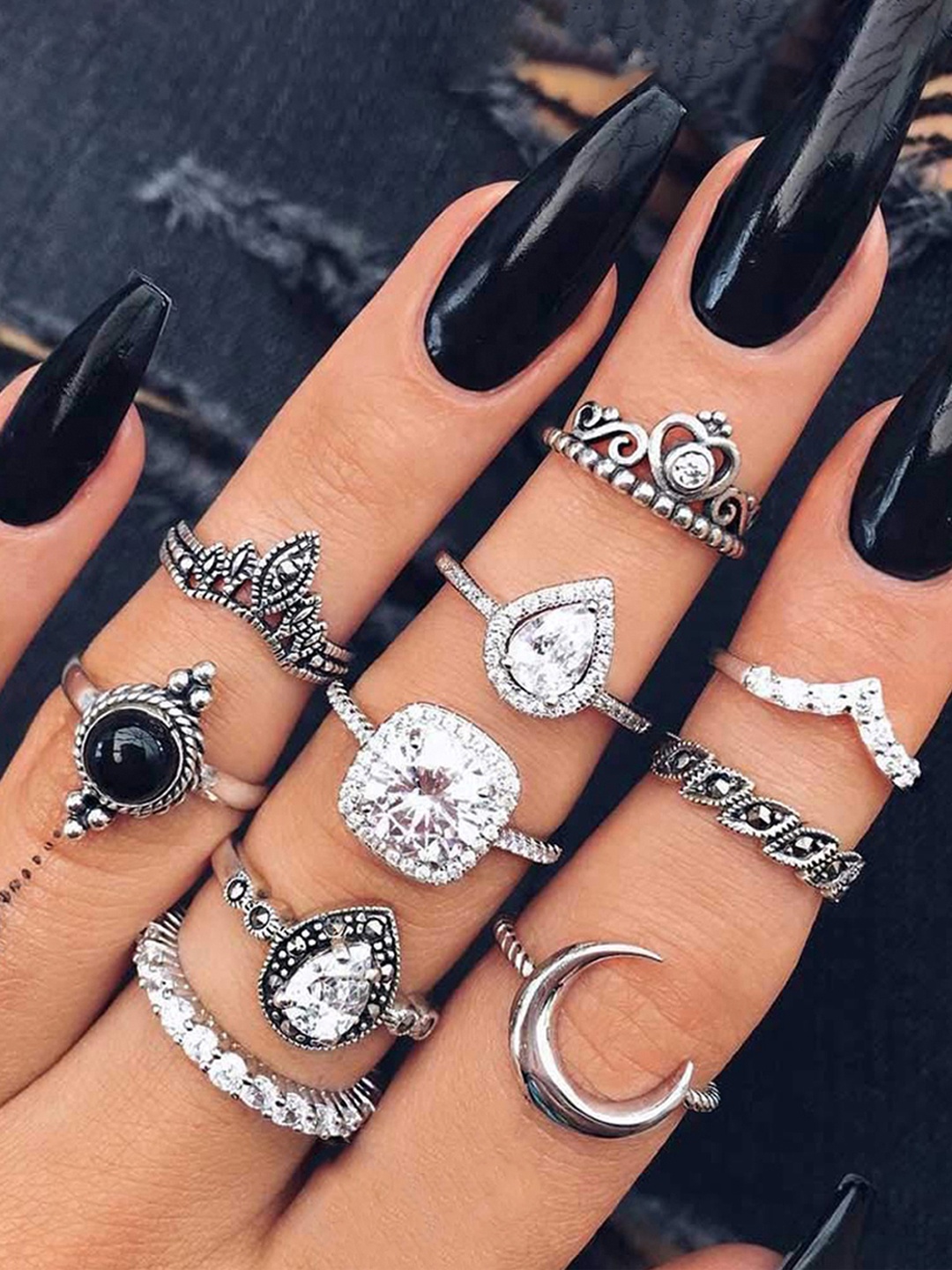 

Jewels Galaxy Set Of 10 Silver-Plated Stone-Studded Adjustable Finger Ring, Black
