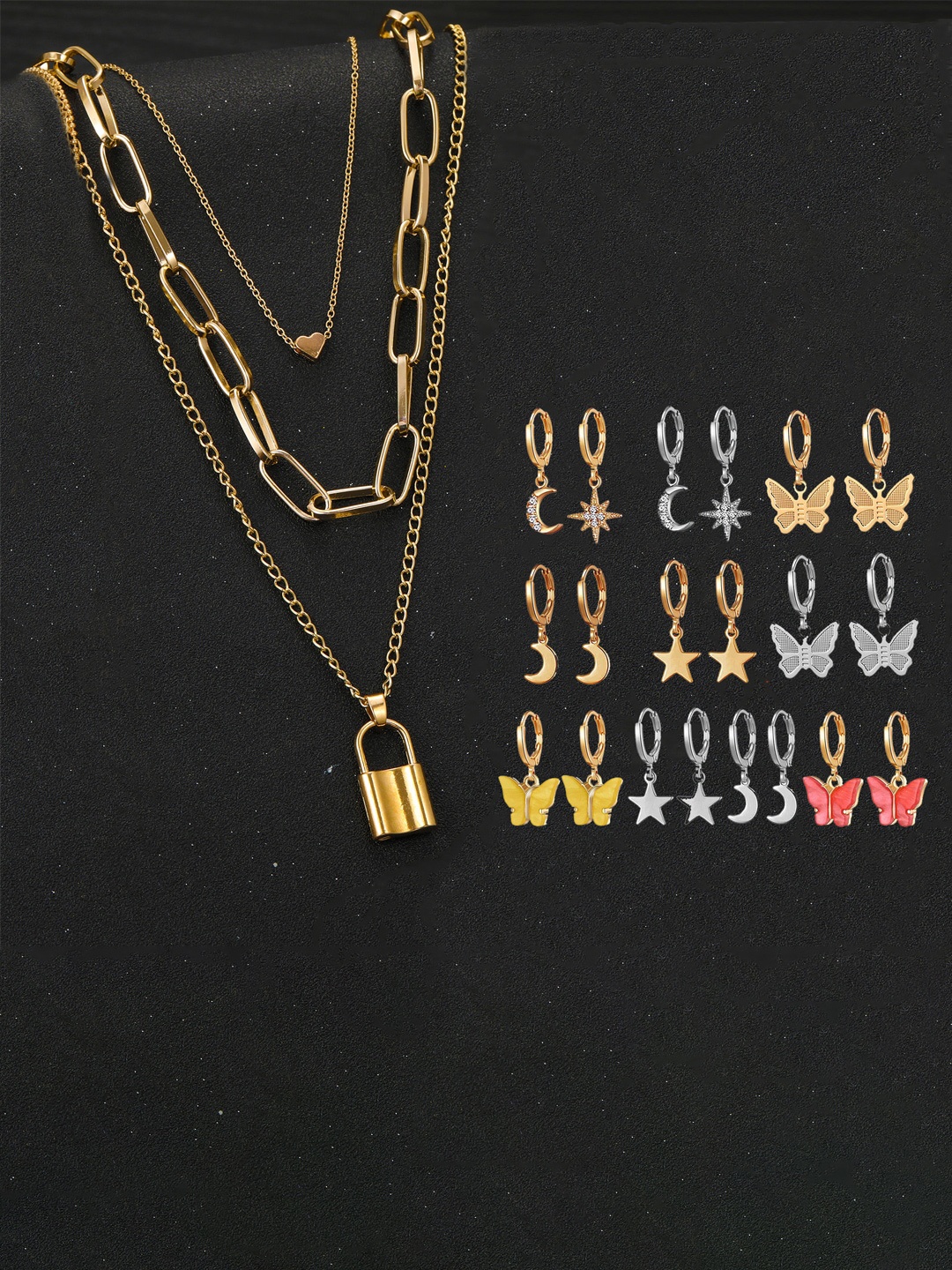 

Jewels Galaxy Gold Plated Layered Necklace and Set of 10 Earrings