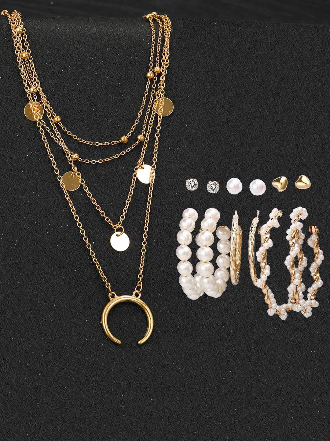 

Jewels Galaxy Set Of 6 Gold Plated Layered Necklace & Contemporary Earrings Set, White