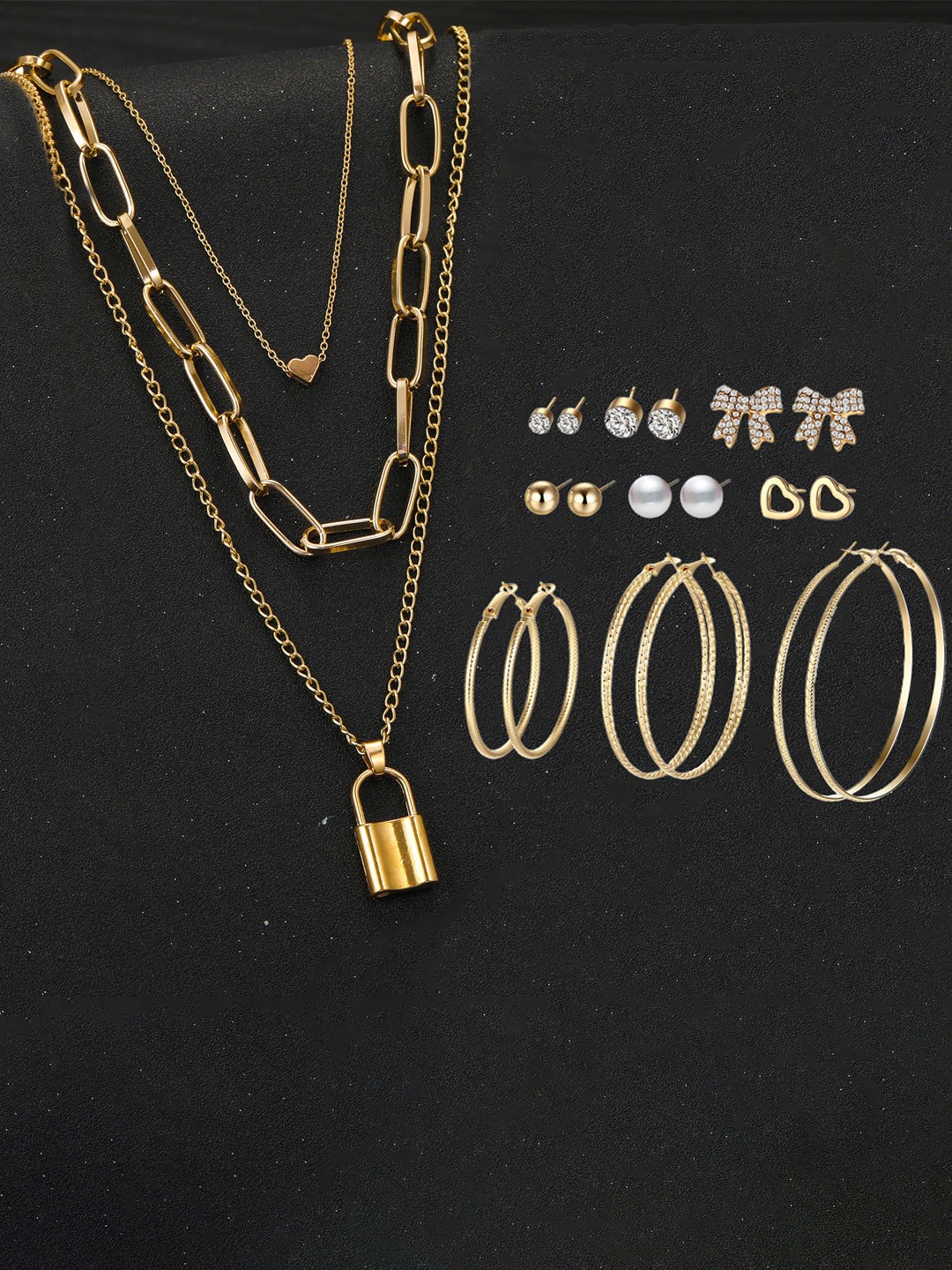 

Jewels Galaxy Gold-Plated Layered Necklace & Set Of 9 Studs & Hoop Earrings Jewellery Set