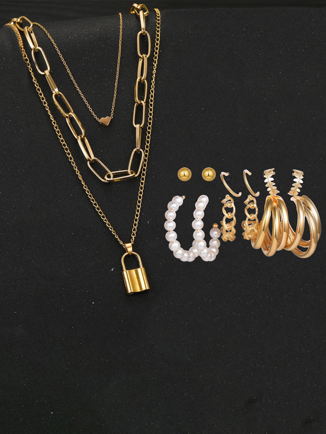 

Jewels Galaxy Set Of 6 Gold Plated Layered Necklace & Contemporary Earrings Set, White