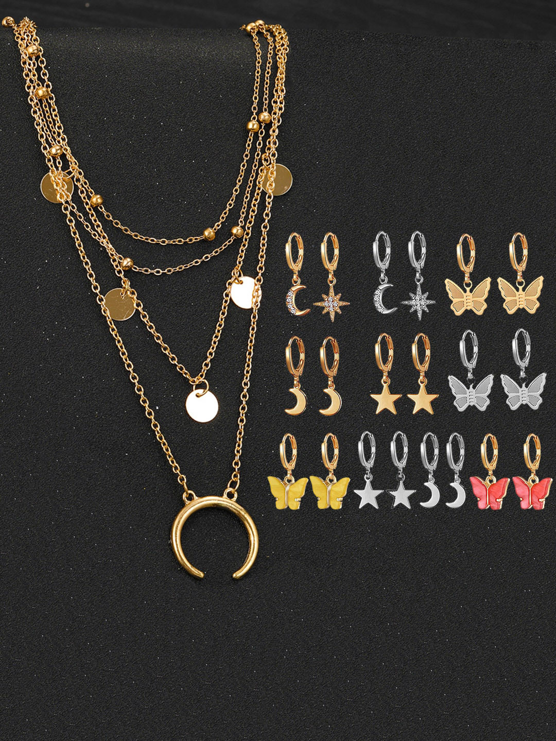 

Jewels Galaxy Set of 10 Gold Plated Layered Necklace & Contemporary Earrings Set, Yellow