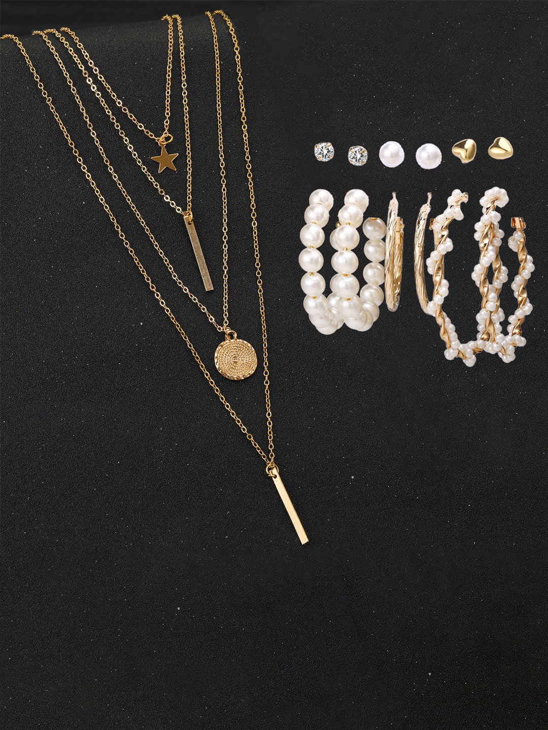 

Jewels Galaxy Gold Plated Layered Necklace and Set of 6 Earrings