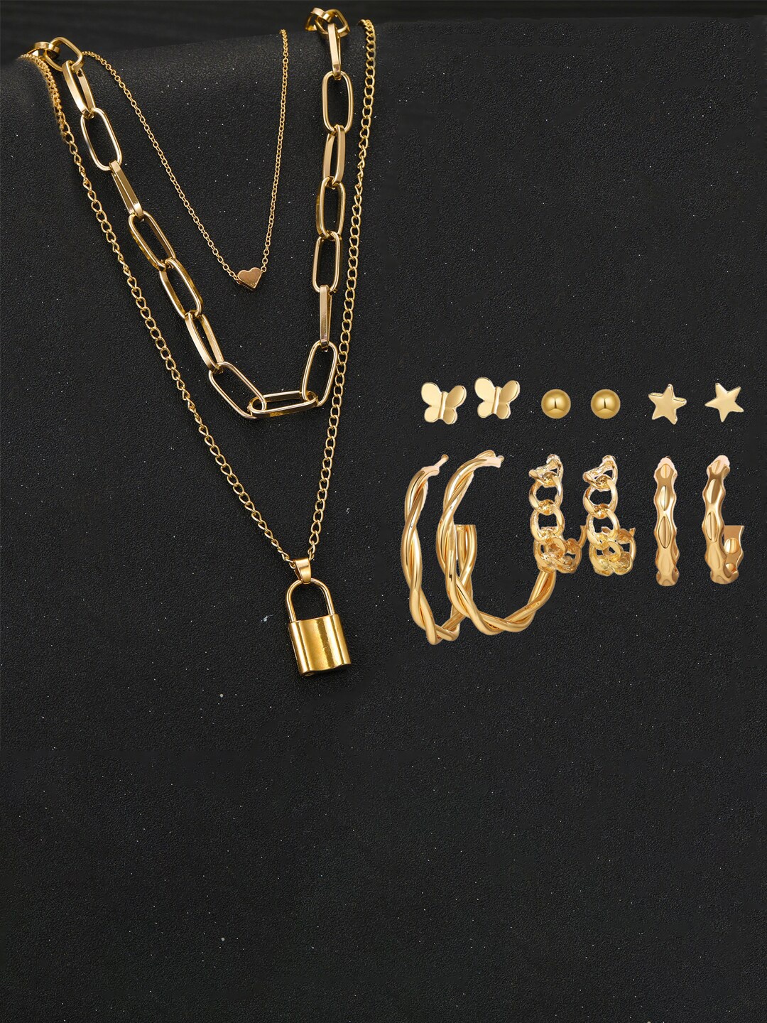 

Jewels Galaxy Gold Plated Layered Necklace and Set of 6 Earrings