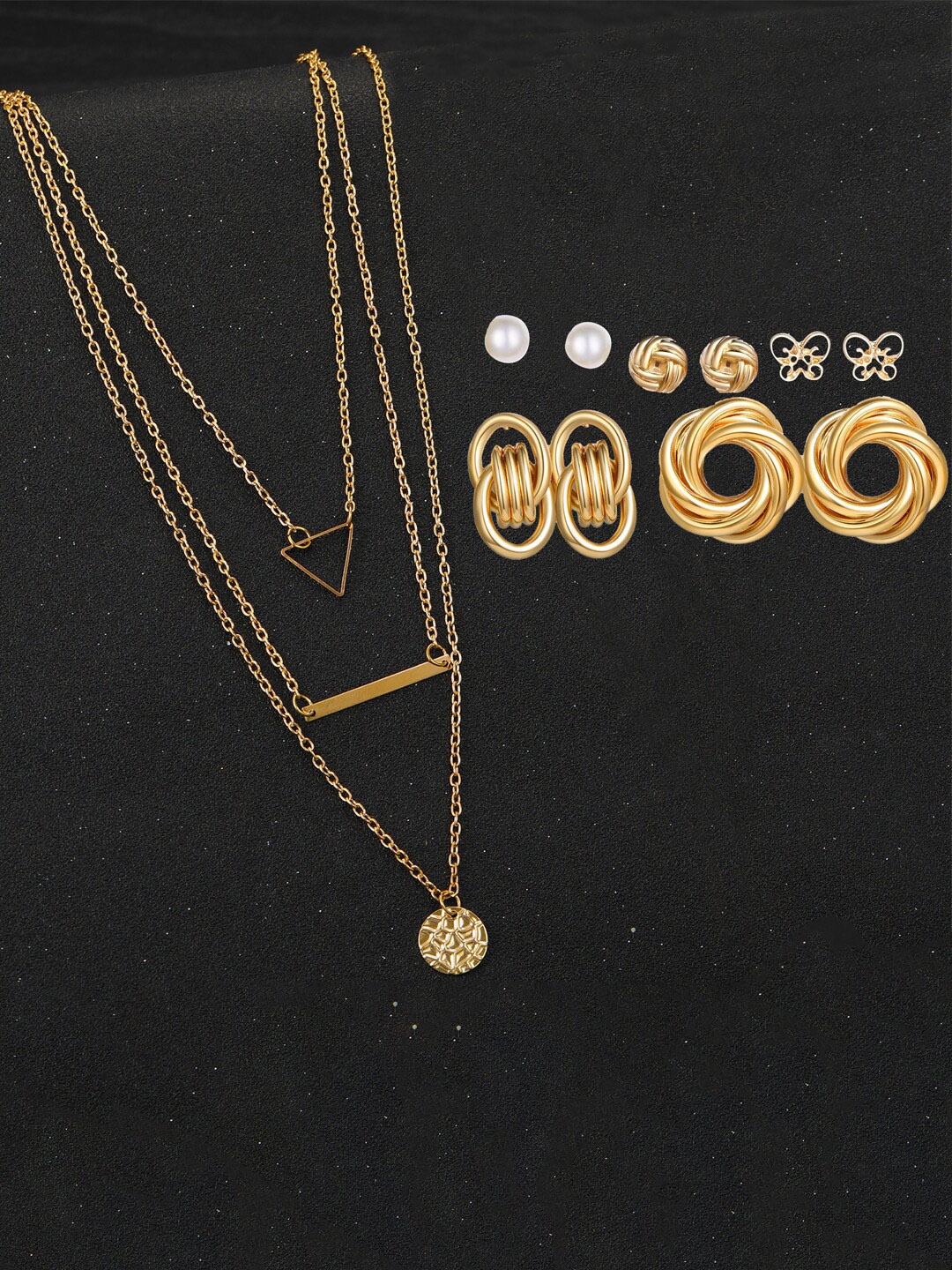 

Jewels Galaxy Gold Plated Layered Necklace and Set of 5 Earrings