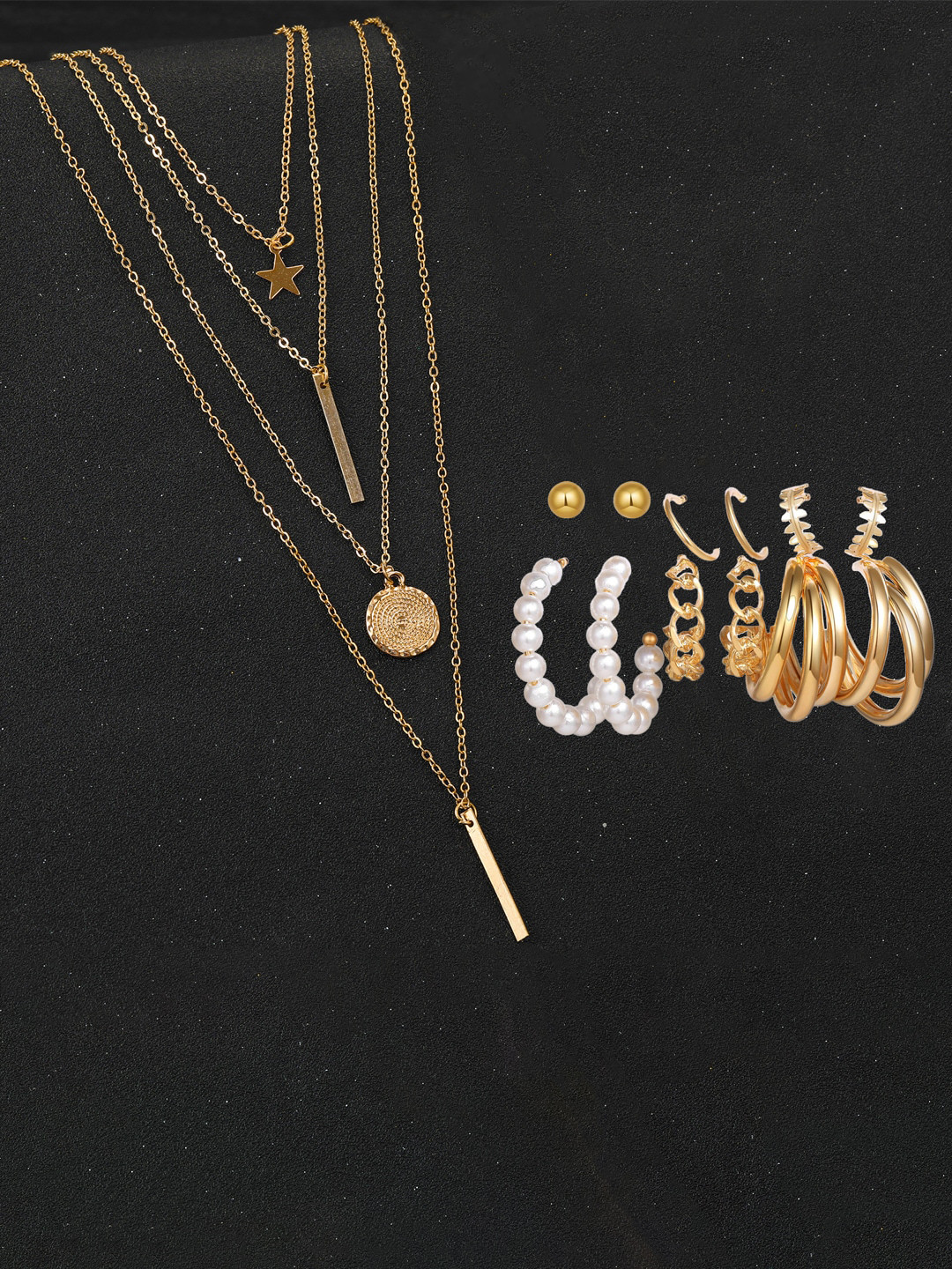 

Jewels Galaxy Gold-Plated Layered Necklace & Set Of 6 Earrings