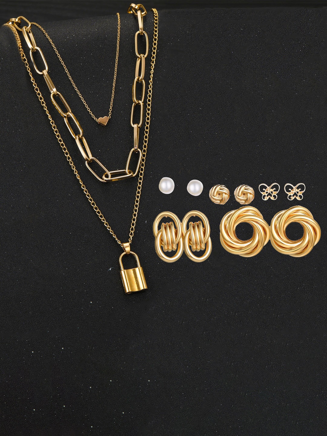 

Jewels Galaxy Gold Plated Layered Necklace and Set of 6 Earrings