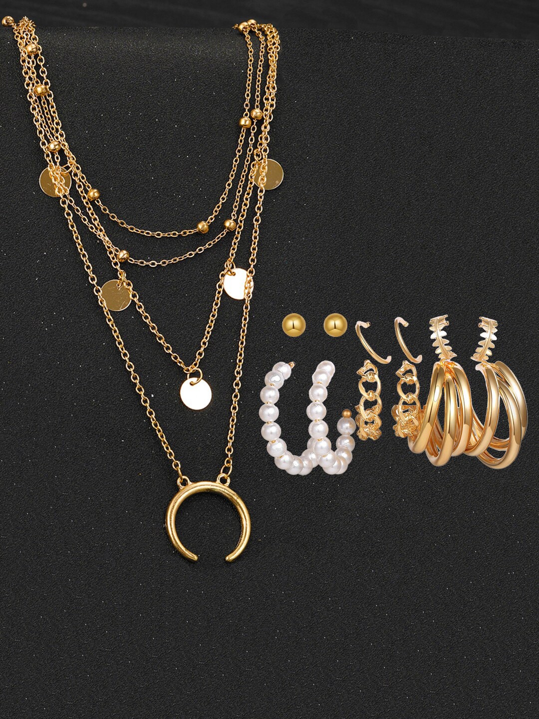 

Jewels Galaxy Gold Plated Layered Necklace and Set of 6 Earrings