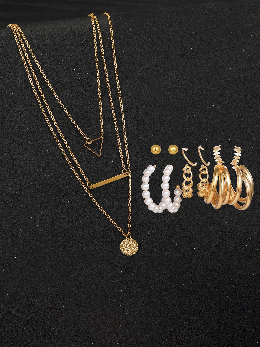 

Jewels Galaxy Gold Plated Layered Necklace and Set of 6 Earrings