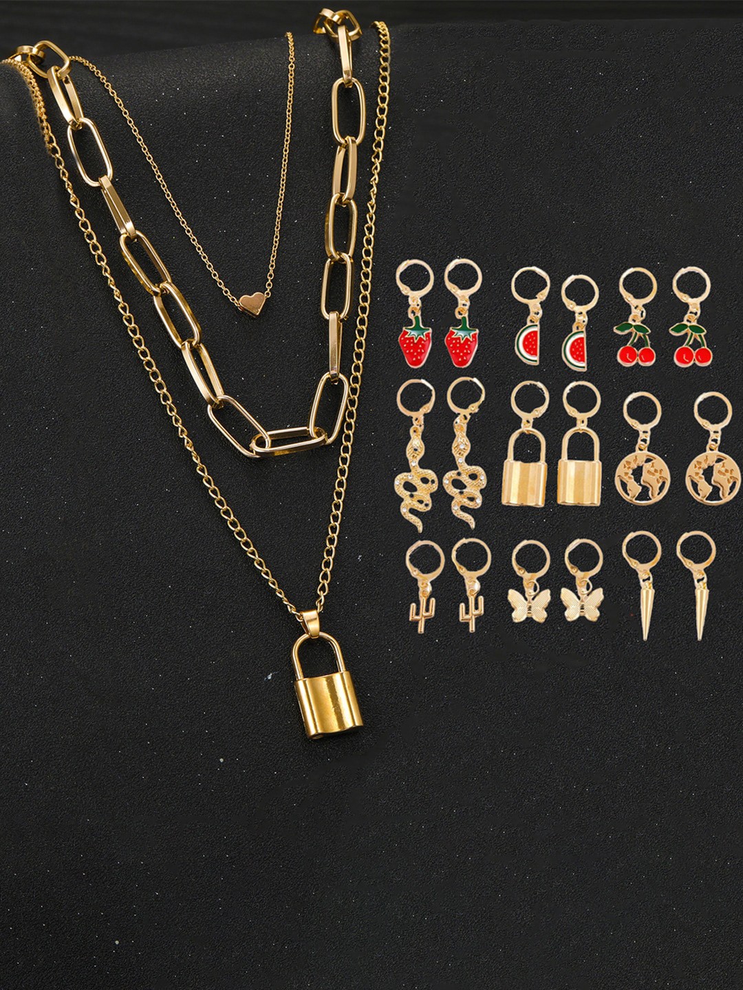 

Jewels Galaxy Gold Plated Layered Necklace and Set of 9 Earrings