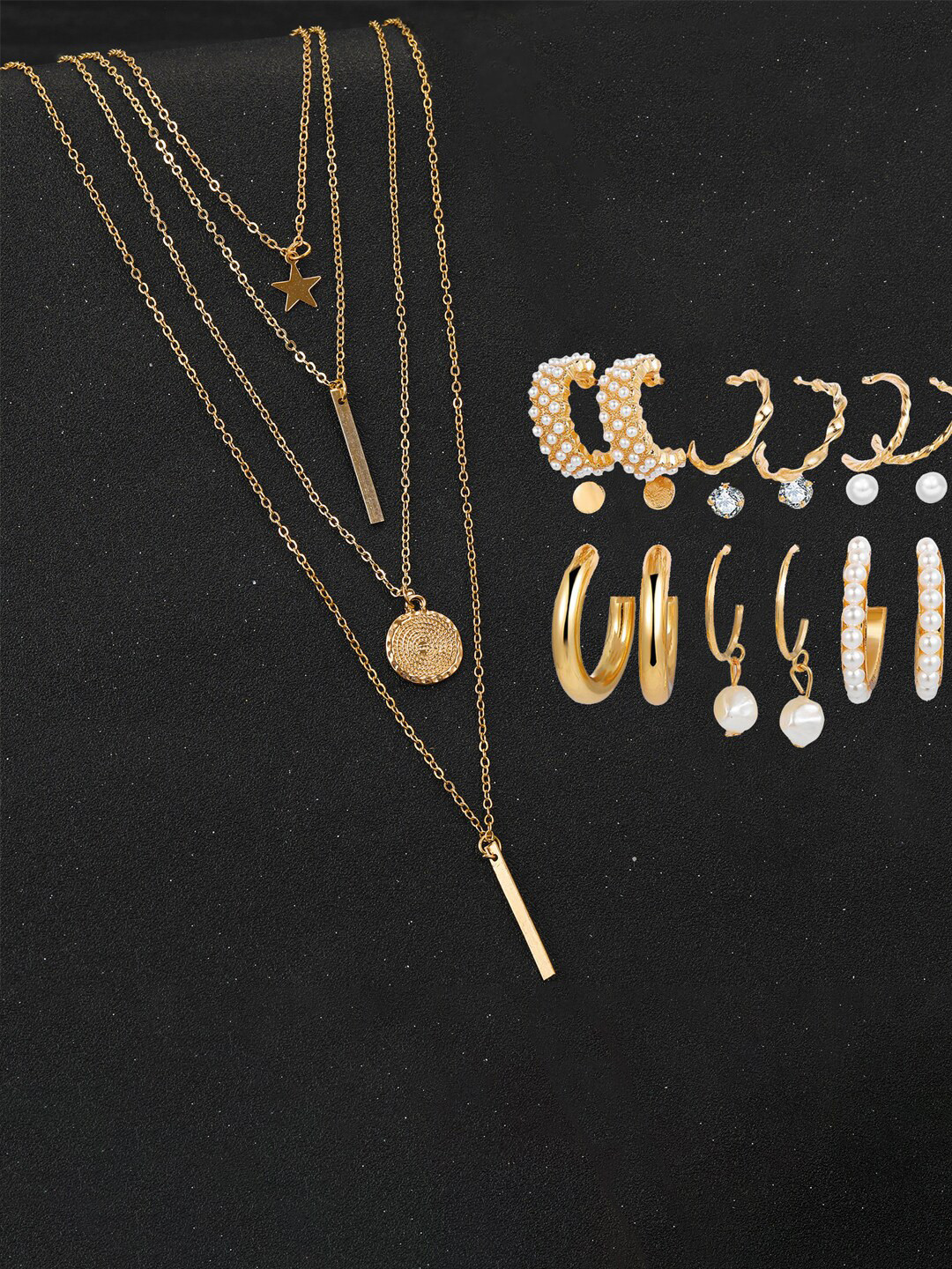 

Jewels Galaxy Gold-Plated Layered Necklace & Set Of 6 Stone Studded & Beaded Earrings