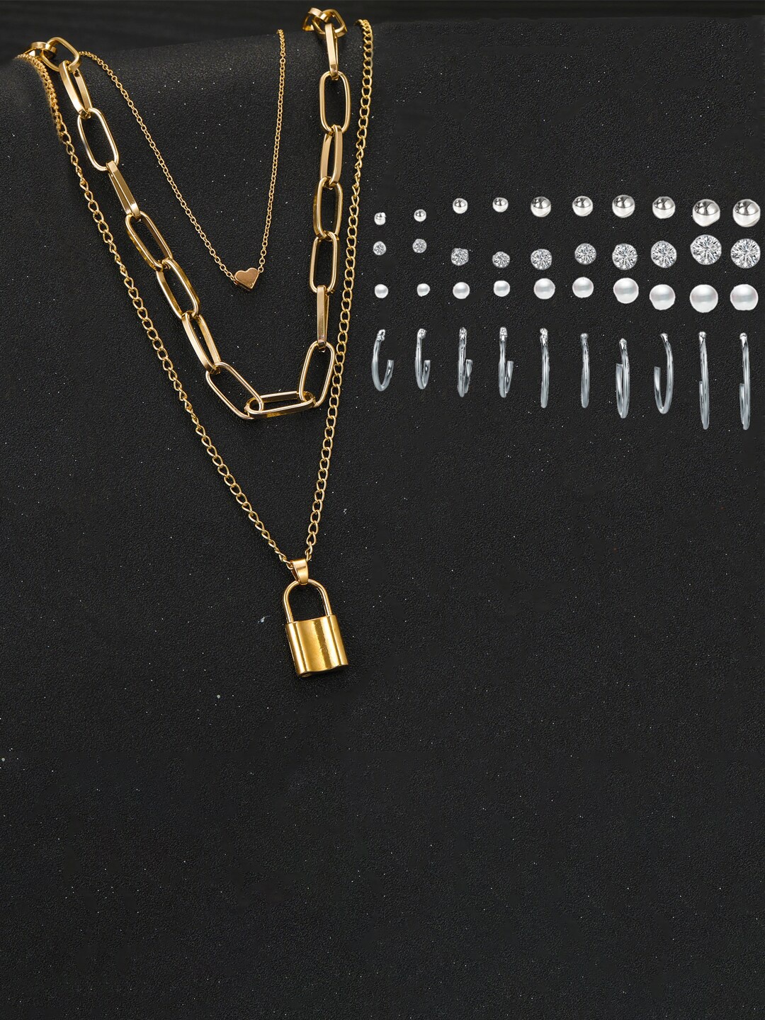 

Jewels Galaxy Gold-Plated Layered Necklace & Set Of 20 Silver-Plated Stones Earrings