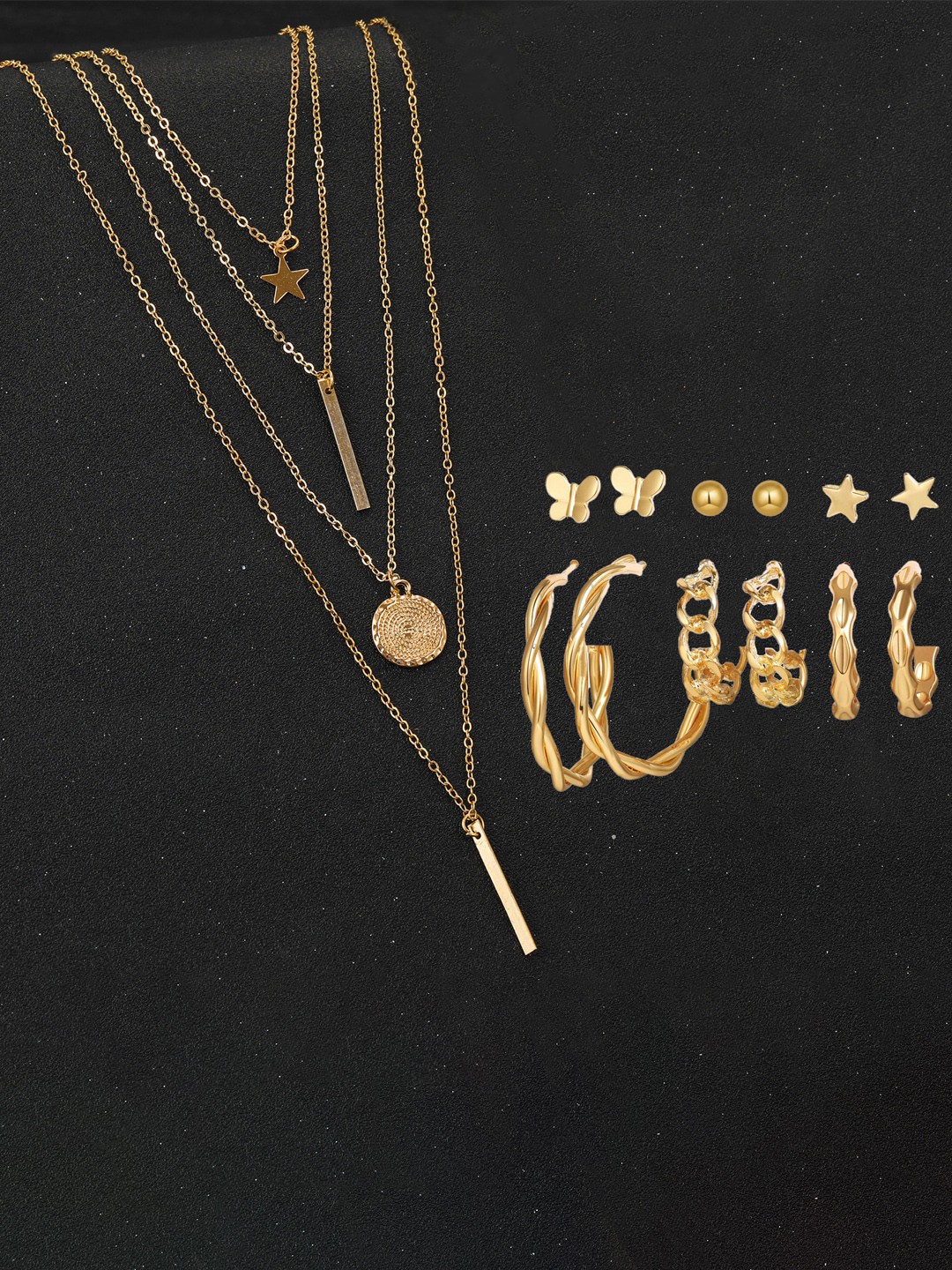 

Jewels Galaxy Gold Plated Layered Necklace and Set of 6 Earrings