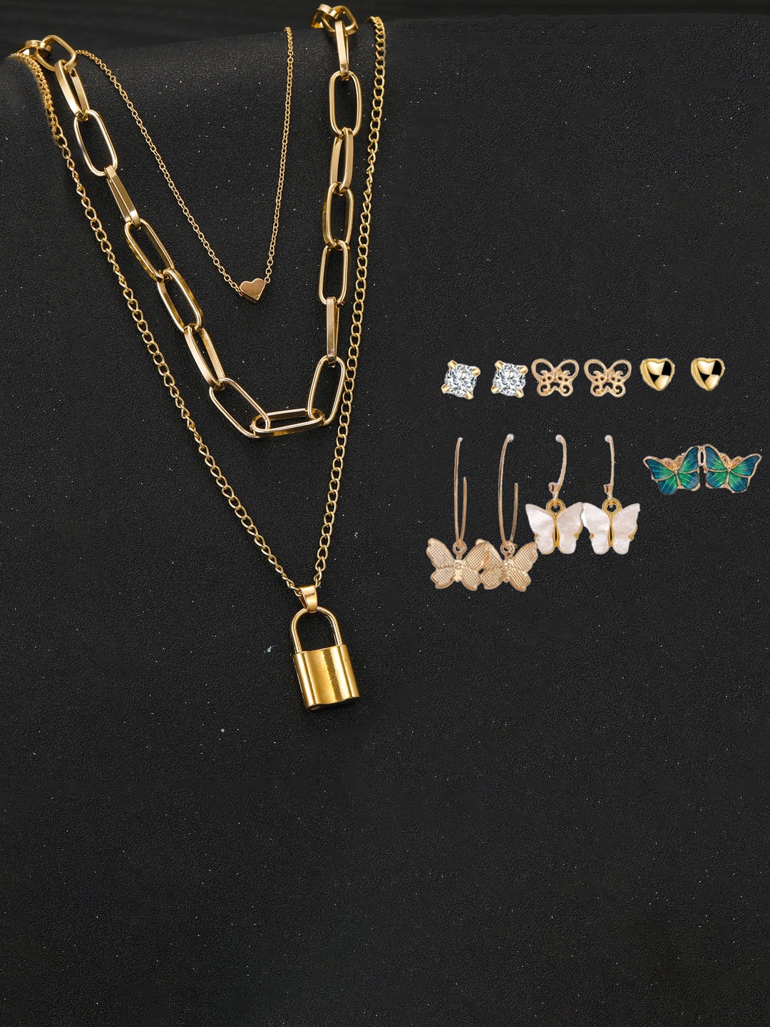 

Jewels Galaxy Gold Plated Layered Necklace and Set of 6 Earrings