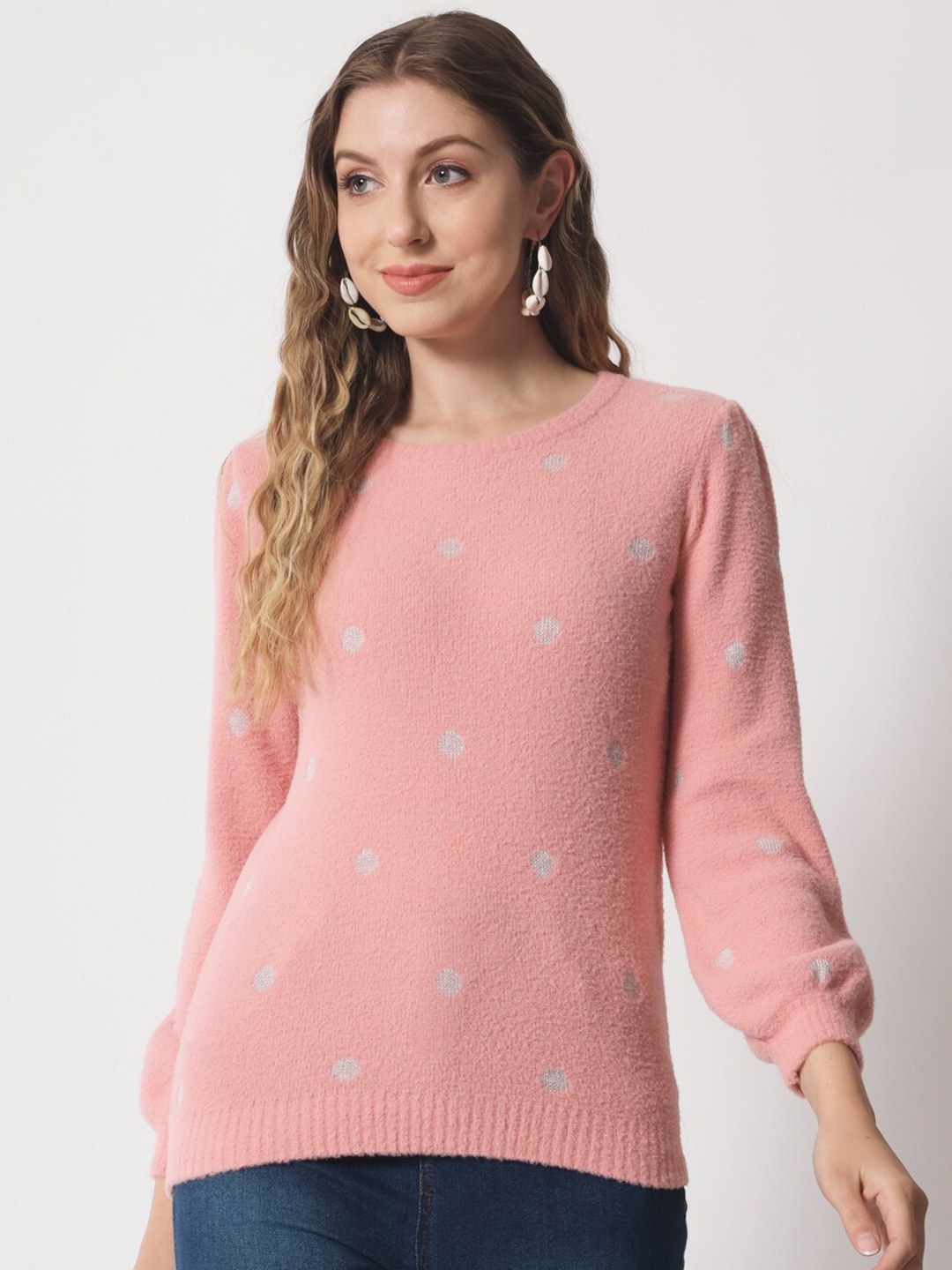 

DAiSY Women Pink & White Printed Pullover