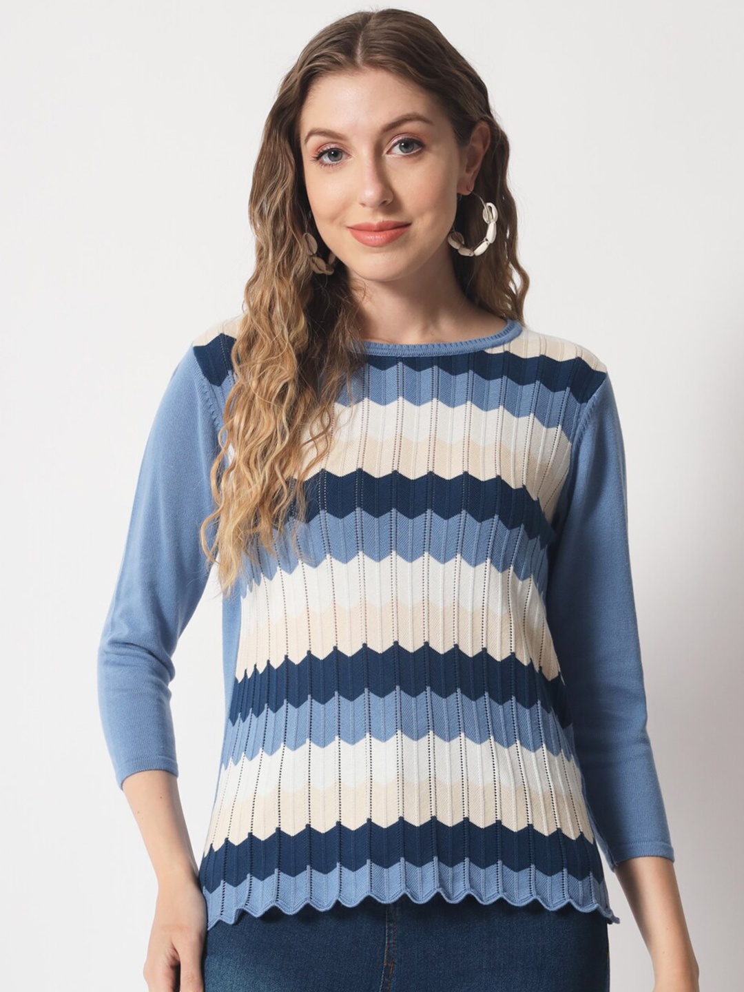 

DAiSY Women Blue & White Striped Striped Pullover