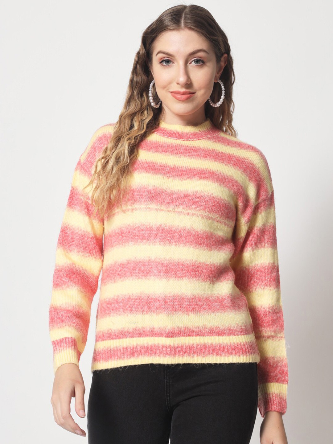 

DAiSY Women Pink & Yellow Striped Striped Pullover