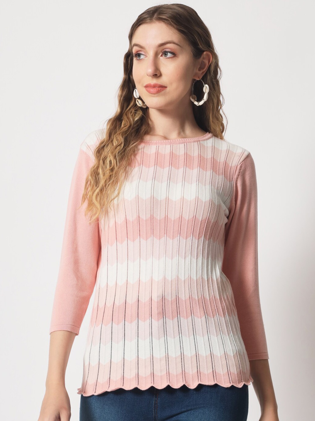 

DAiSY Women Pink & White Striped Striped Pullover