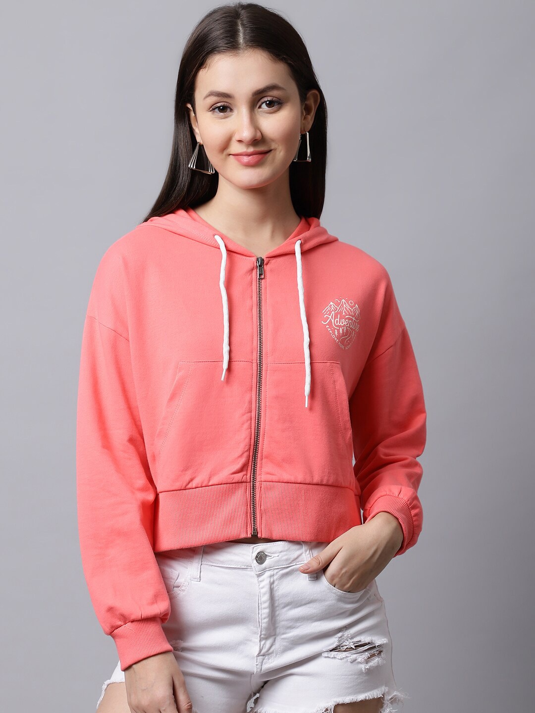 DOOR74 Women Coral Hooded Sweatshirt