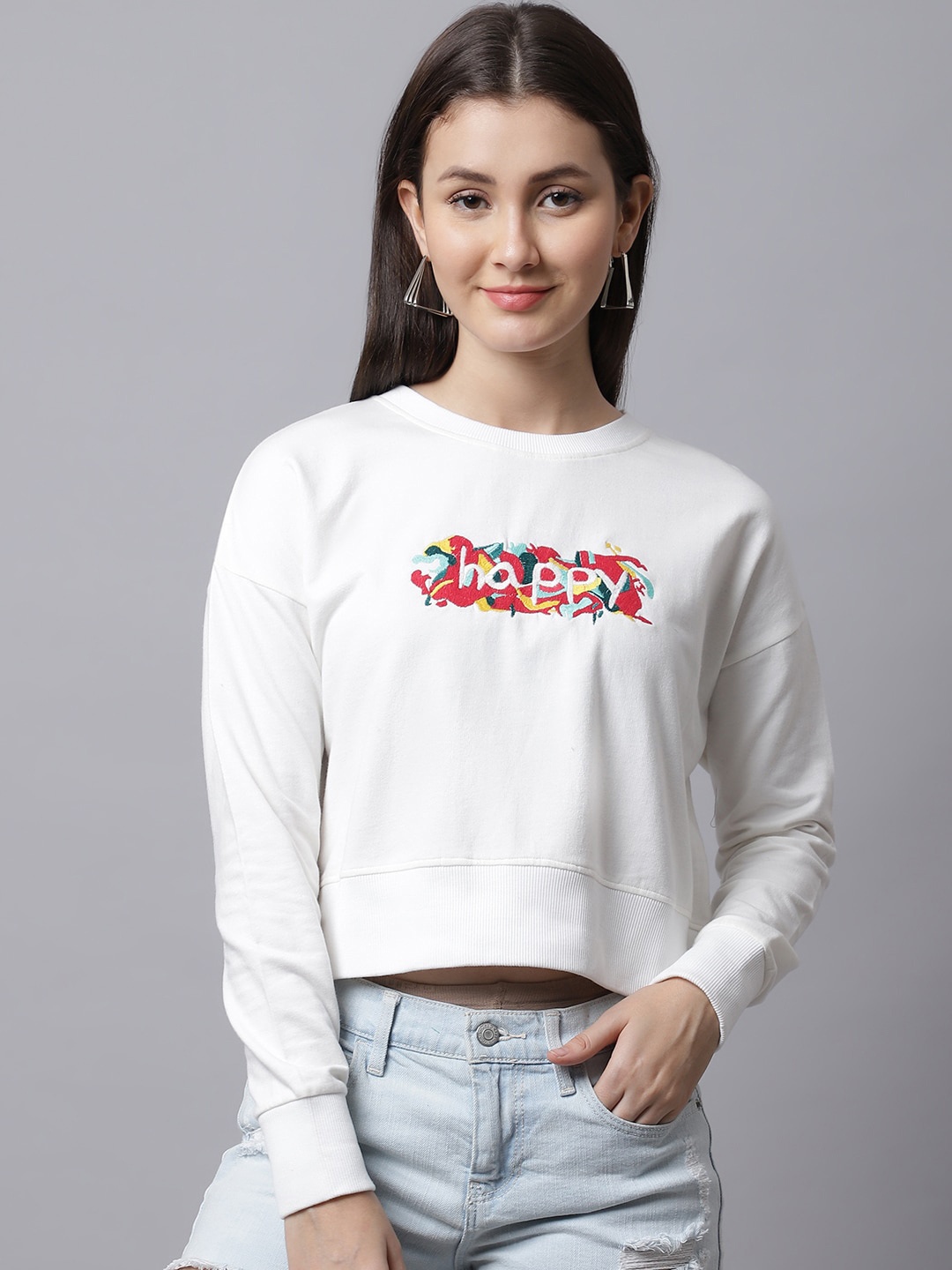 

DOOR74 Women Off White Printed Sweatshirt