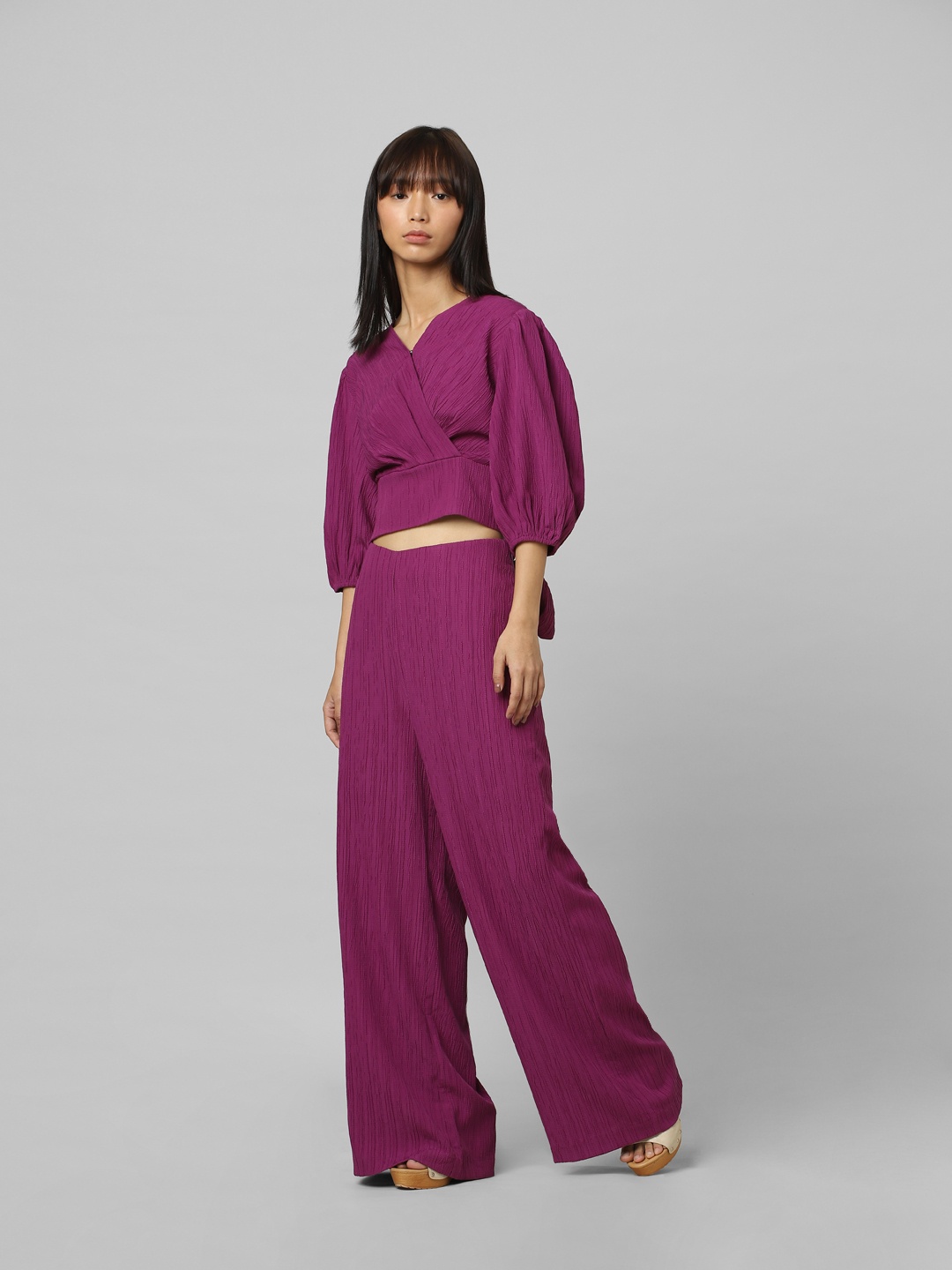 

ONLY Puff Sleeves Wrap Crop Top, Purple