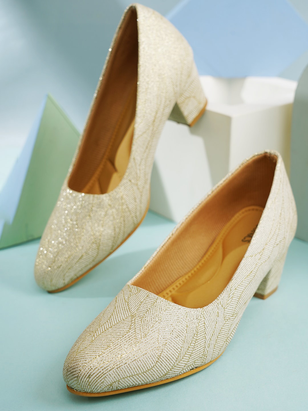 

ICONICS Embellished Block Pumps Heels, Gold