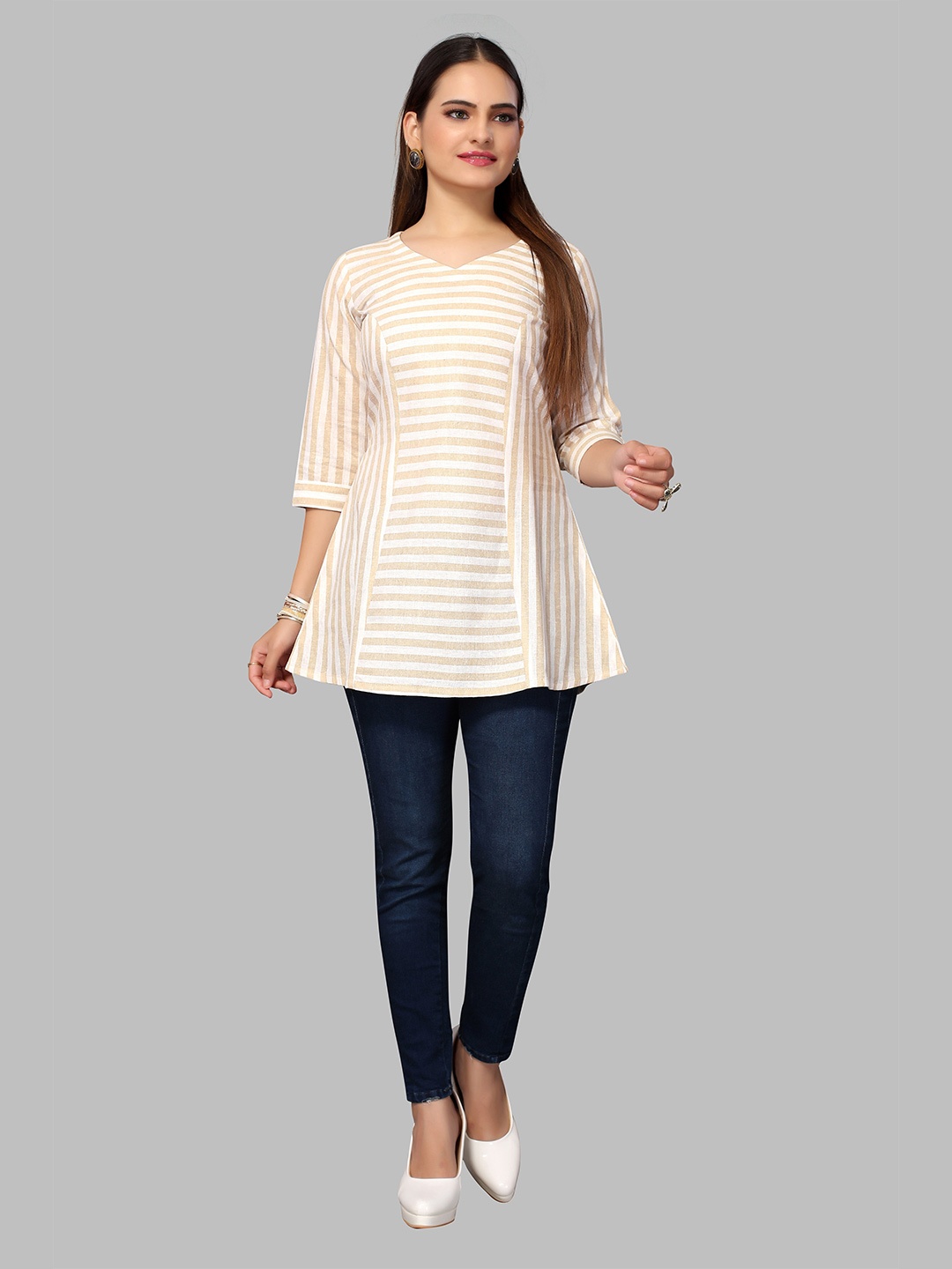 

Fashion FRICKS Striped V-Neck Kurti, Cream