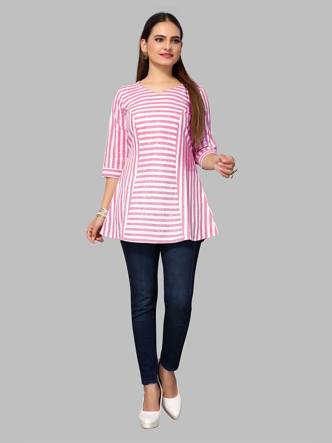 

Fashion FRICKS Striped V-Neck Khadi Kurti, Pink