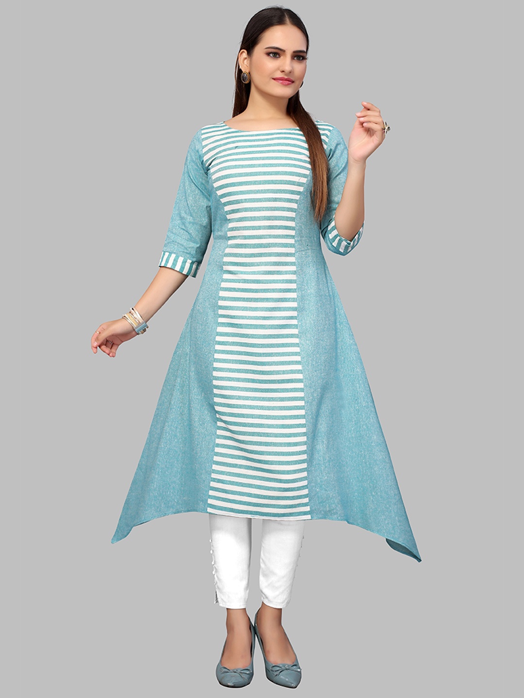 

Fashion FRICKS Women Striped Khadi Kurta, Turquoise blue