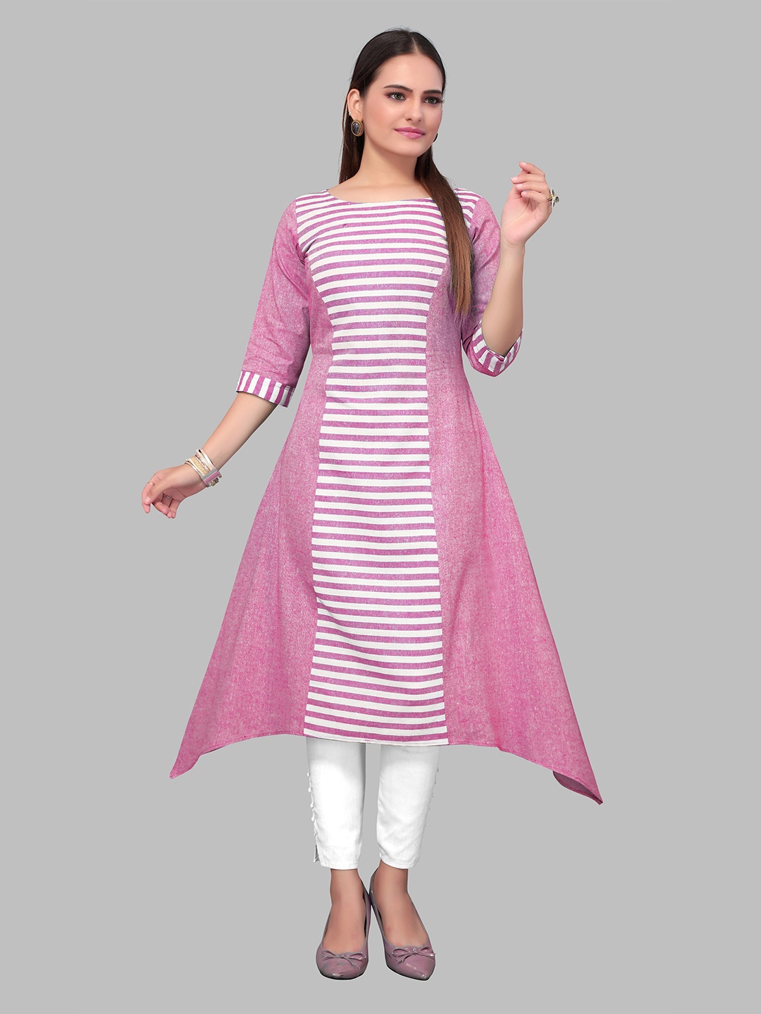 

Fashion FRICKS Women Striped Cotton Kurta, Pink