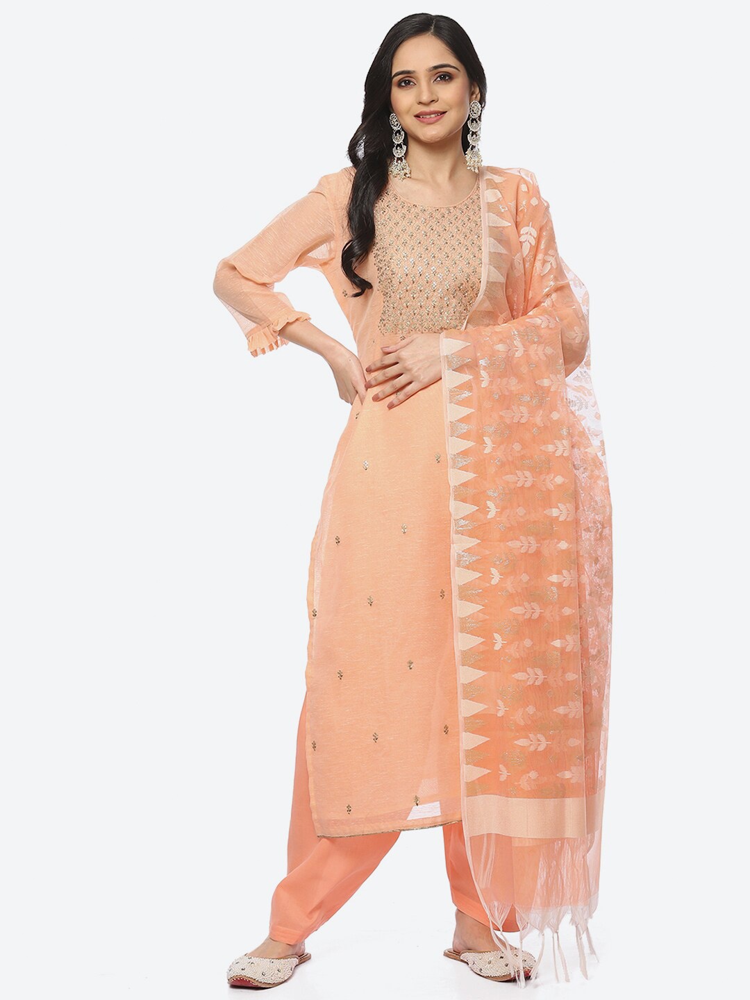 

Biba Embroidered Unstitched Dress Material, Peach