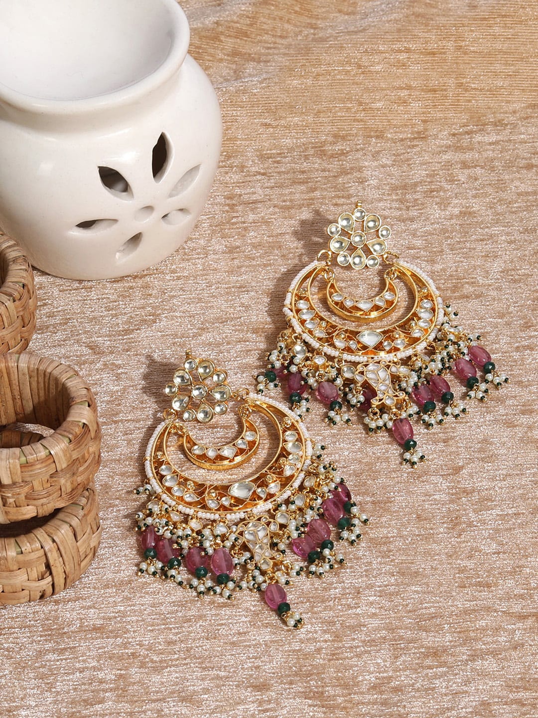

AURAA TRENDS Sterling Silver Gold Plated Contemporary Chandbalis Earrings, Pink