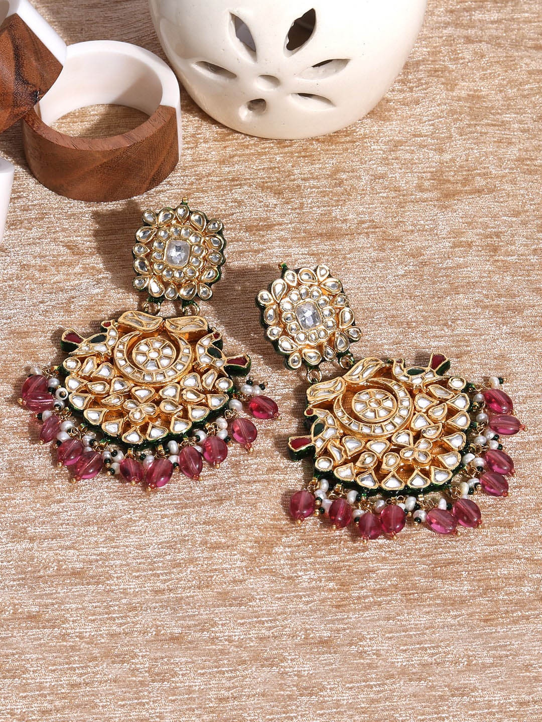 

AURAA TRENDS Sterling Silver Gold Plated Contemporary Chandbalis Earrings, Pink