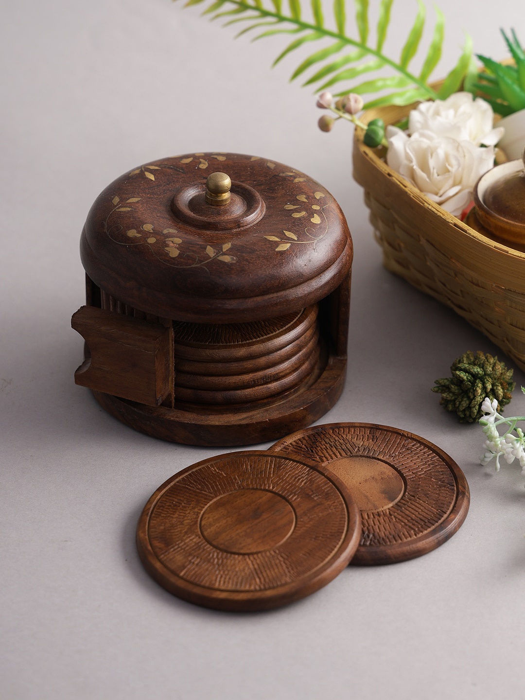 

Aapno Rajasthan Set Of 6 Coaster With Multi Utility Holder, Brown