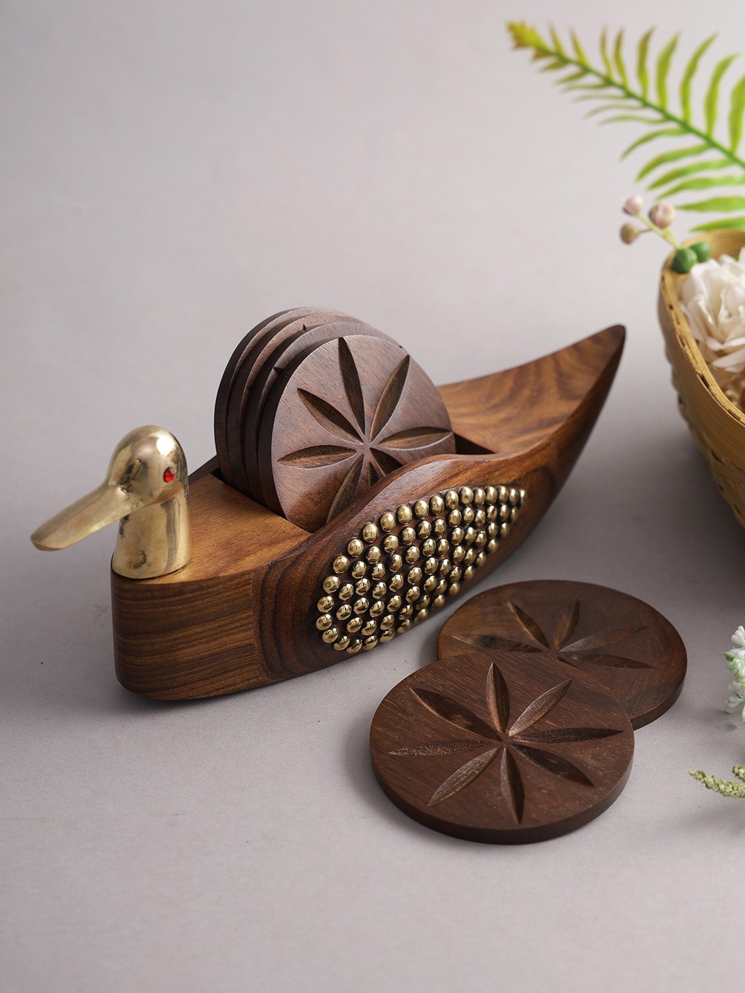 

Aapno Rajasthan Set Of 4 Coaster With Bird Shape Holder, Brown