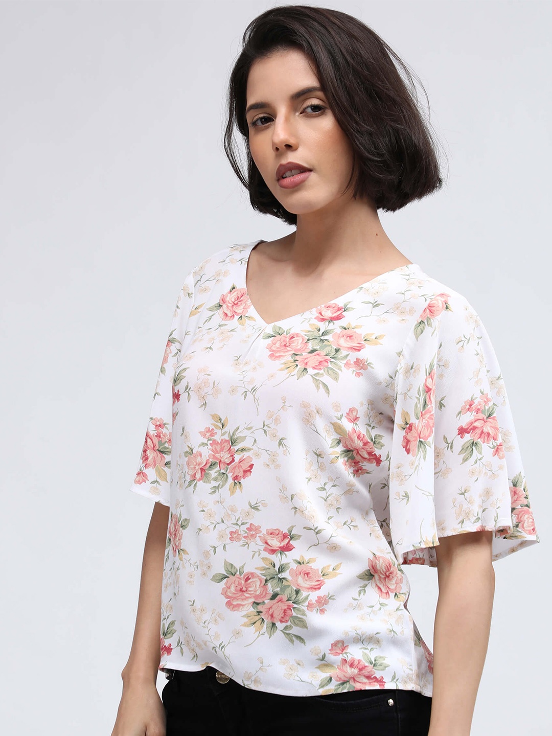 

IDK White Floral Print Georgette Top