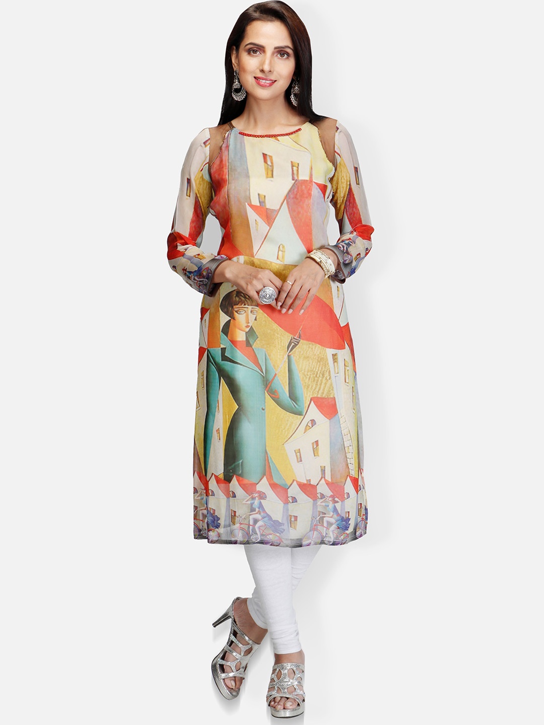 

FEMMIBELLA Women Printed Quirky Round Neck Kurta, Beige