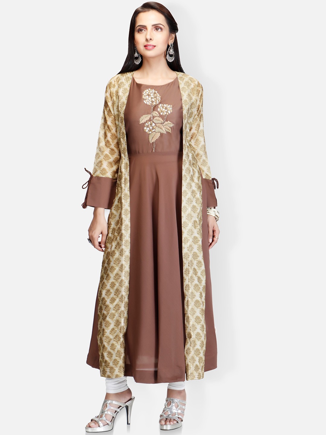 

FEMMIBELLA Women Embroidered Thread Work Floral Kurta, Brown