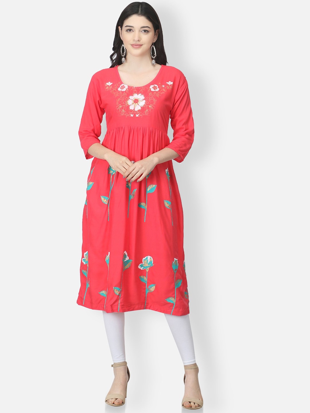 

FEMMIBELLA Women Printed Floral Round Neck Cotton Kurta, Pink