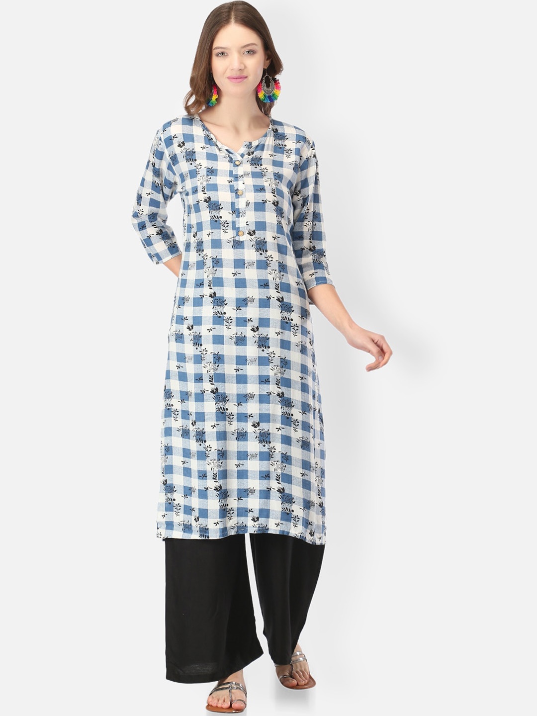 

FEMMIBELLA Women Blue Checked Mirror Work Floral Pathani Kurta