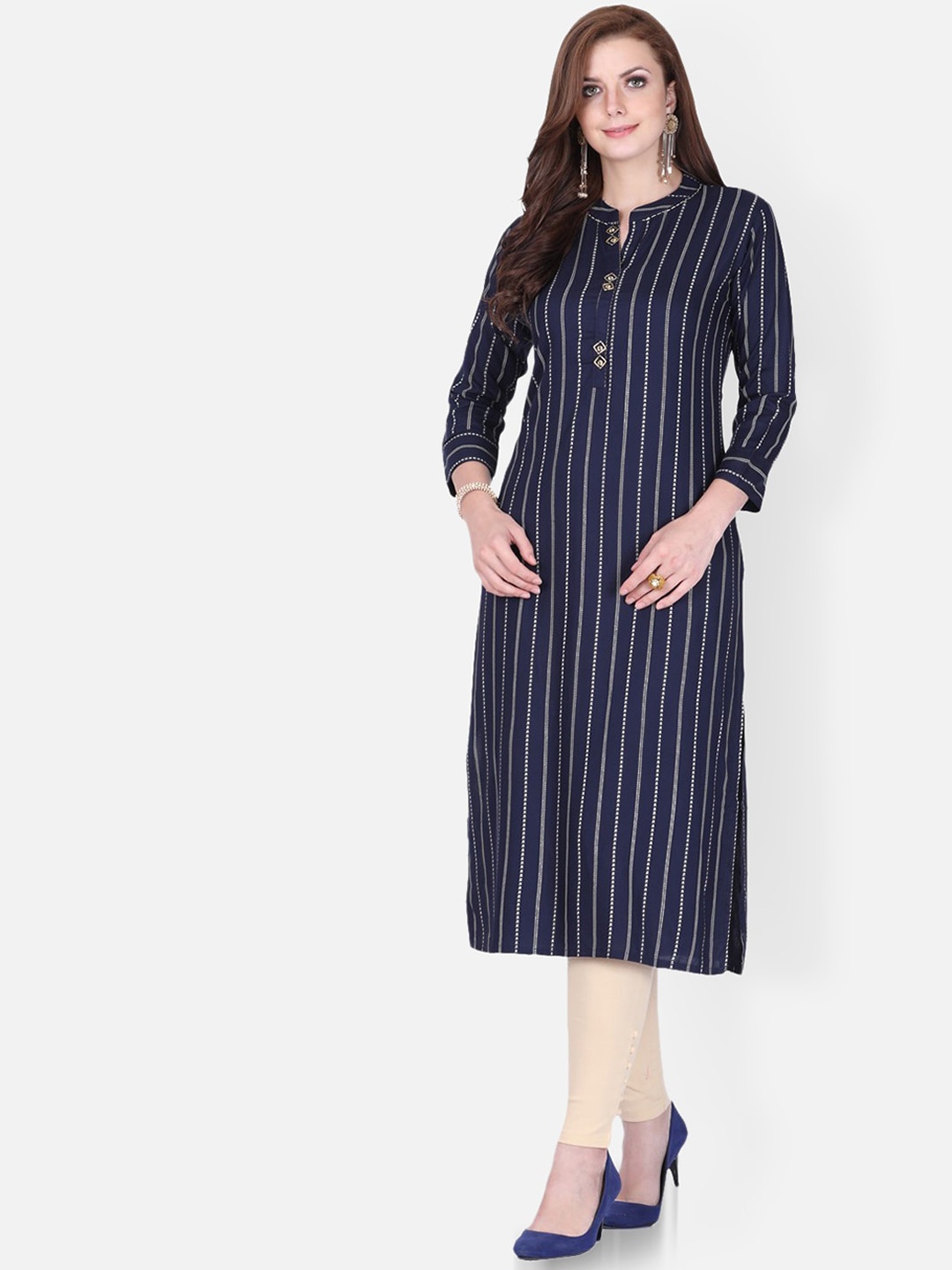 

FEMMIBELLA Women Blue Striped Thread Work Kurta
