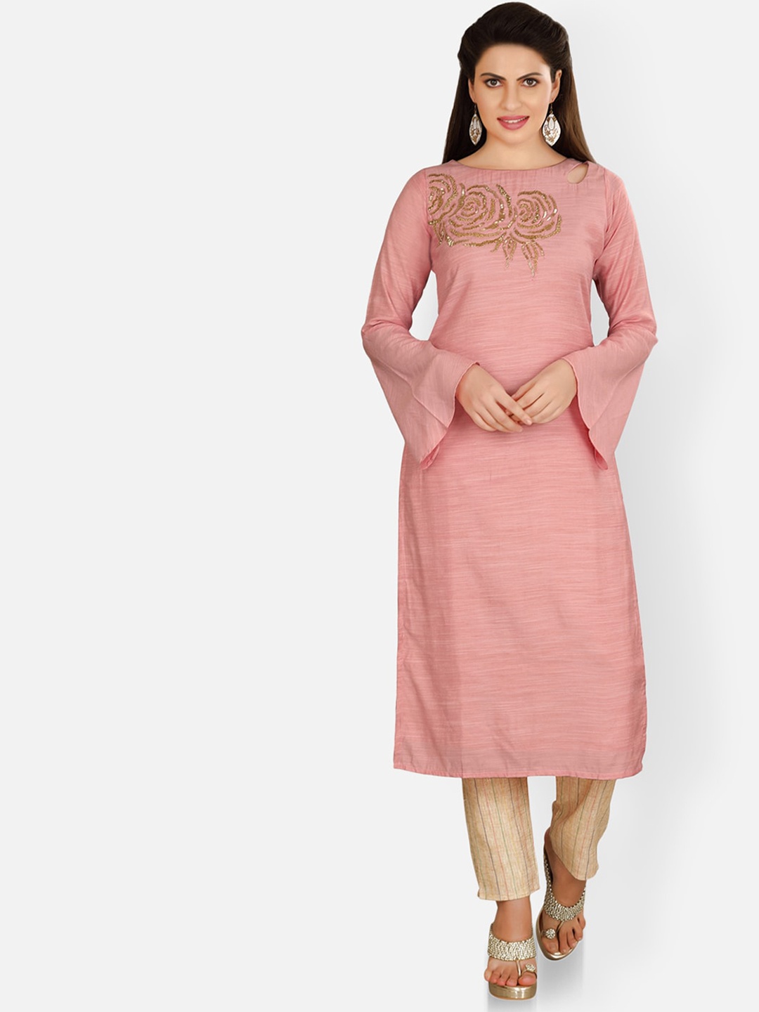 

FEMMIBELLA Women Floral Thread Work Art Silk Kurta, Pink