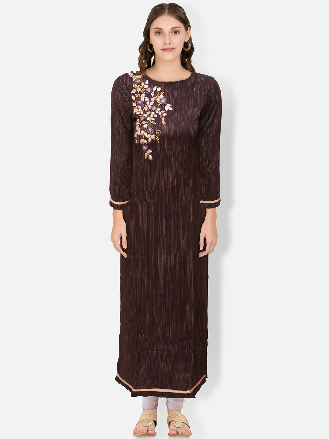 

FEMMIBELLA Women Woven design Thread Work Cotton Kurta, Brown